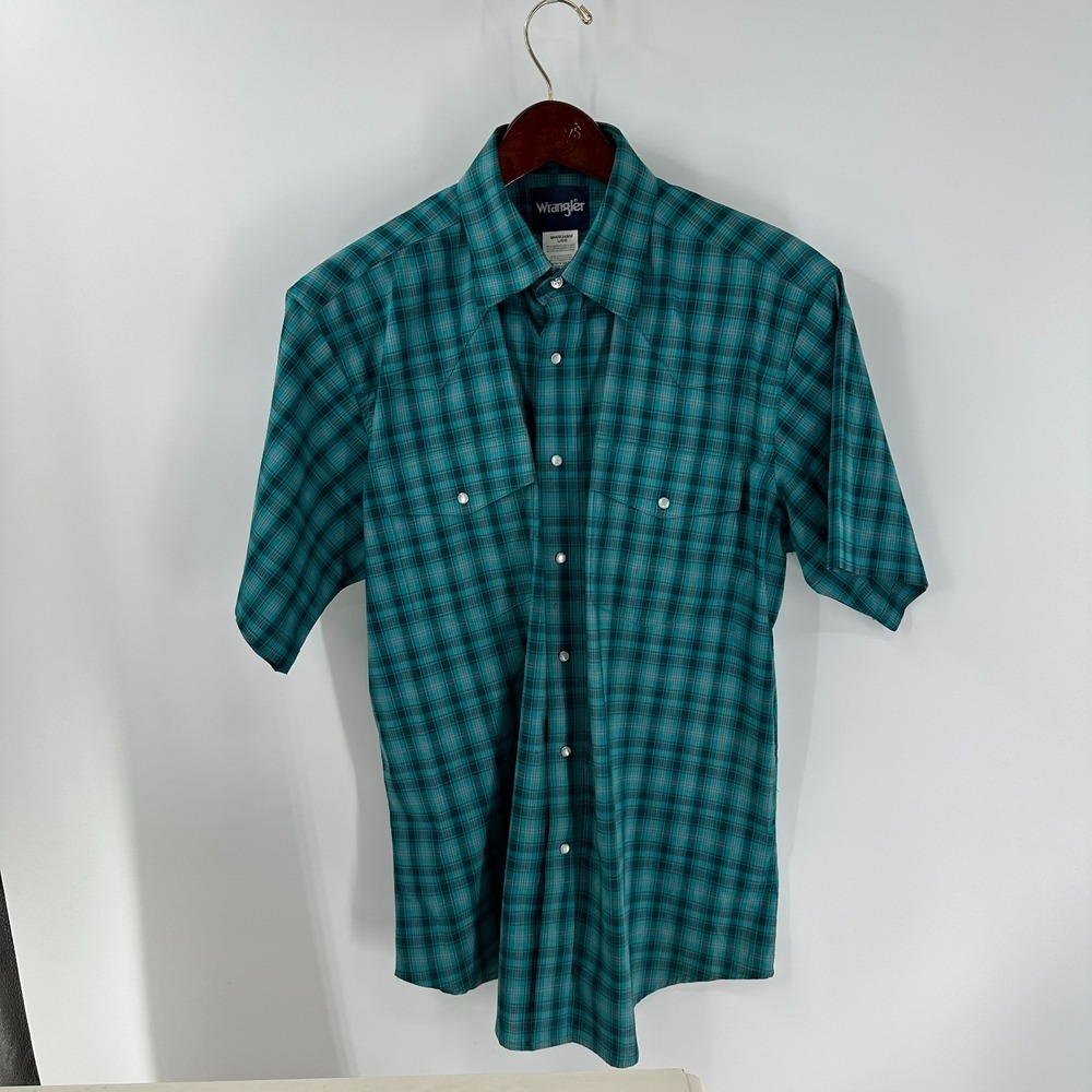 Wrangler Short Sleeve Pearl Snap Flap Pockets Plaid Western Shirt Green Blue L